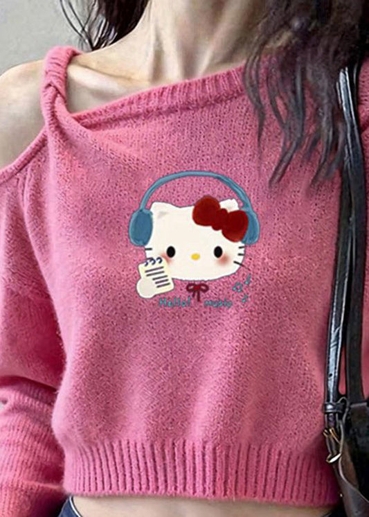 Fashion Pink Cold Shoulder Print Knit Short Sweater Winter