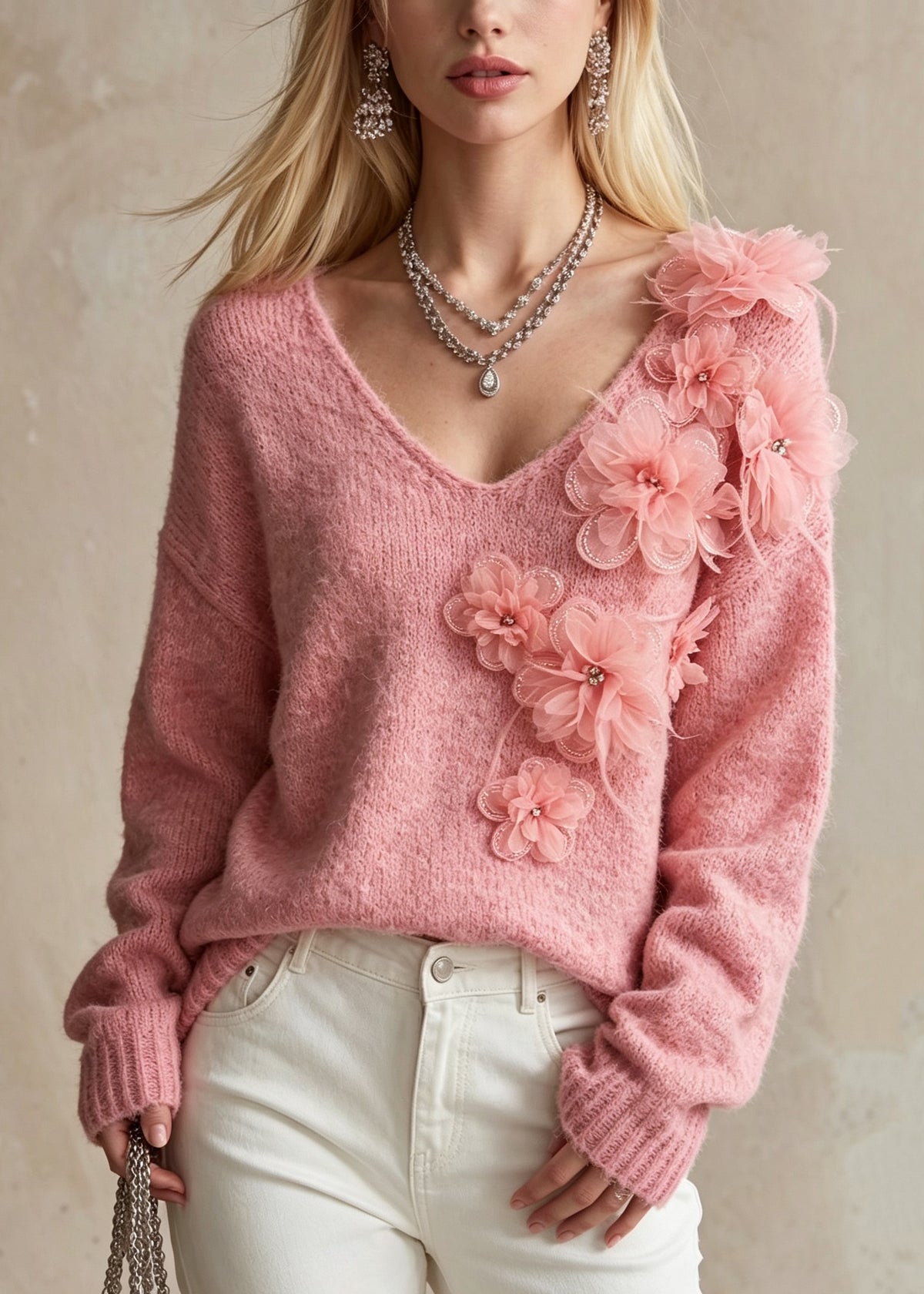 Fashion Pink V Neck Thick Floral Knit Sweaters Fall