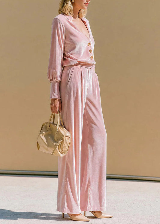 Fashion Pink V Neck Velvet Top And Pants Two Piece Suit Set Fall