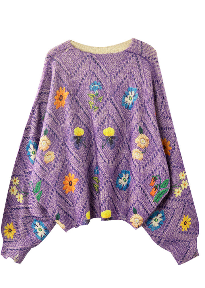 Fashion Purple Oversized Floral Knit Sweaters Fall