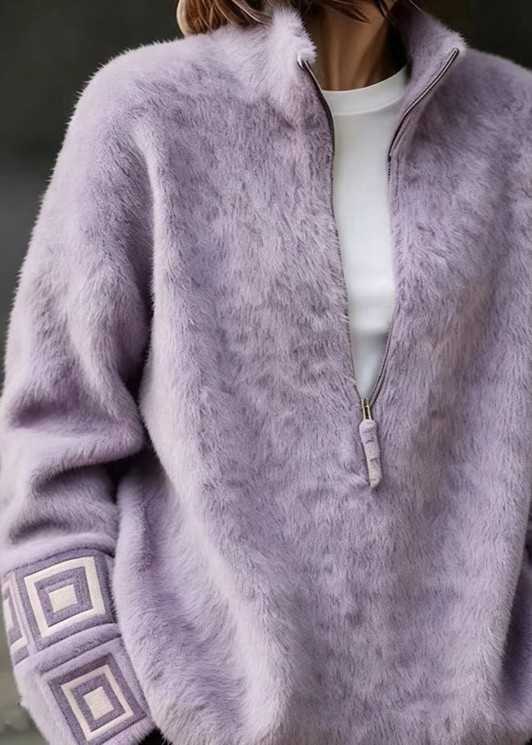 Fashion Purple Stand Collar Zippered Mink Hair Knitted Sweater Fall