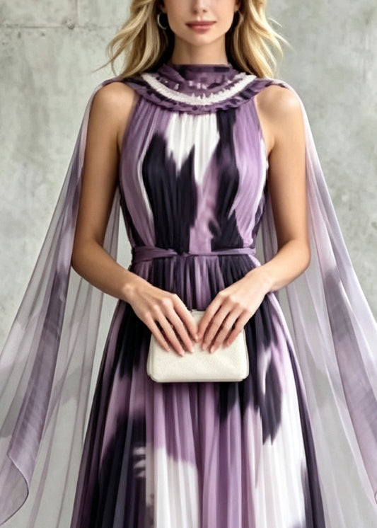 Fashion Purple Tie Dye With Scarf Chiffon Party Dresses Summer