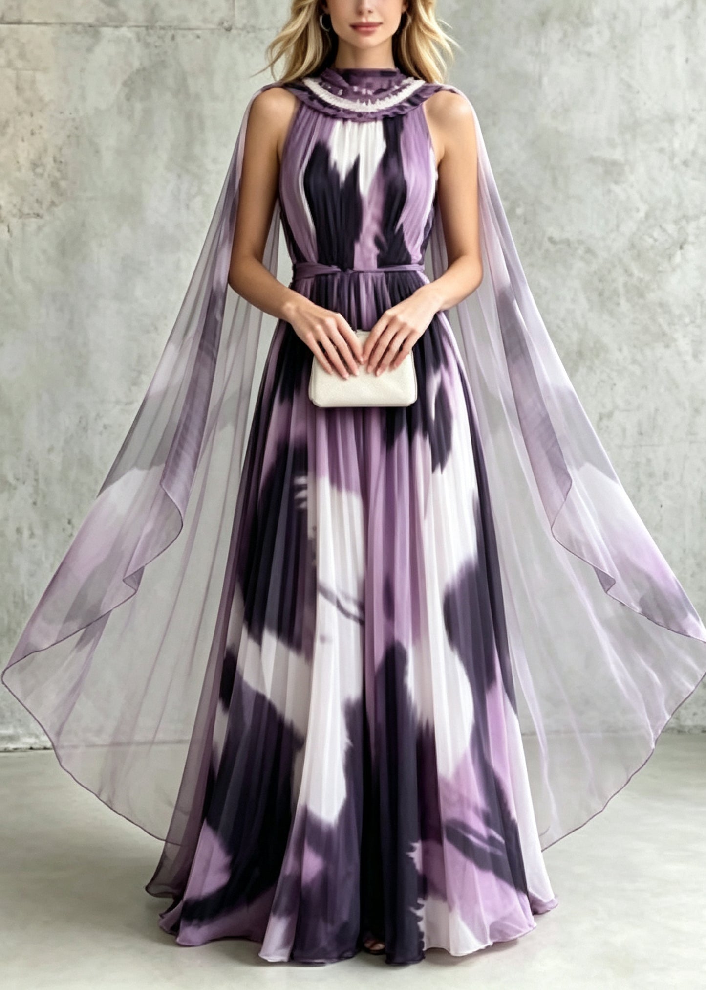 Fashion Purple Tie Dye With Scarf Chiffon Party Dresses Summer
