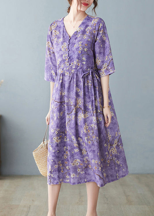 Fashion Purple V Neck drawstring Print Long Dresses Half Sleeve
