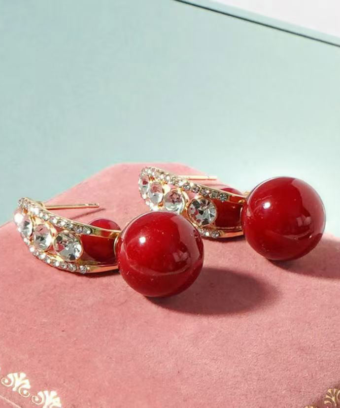 Fashion Red Copper Overgild Zircon Pearl Drop Earrings