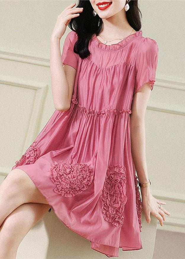 Fashion Red Floral Ruffled Chiffon Mid Dresses Short Sleev