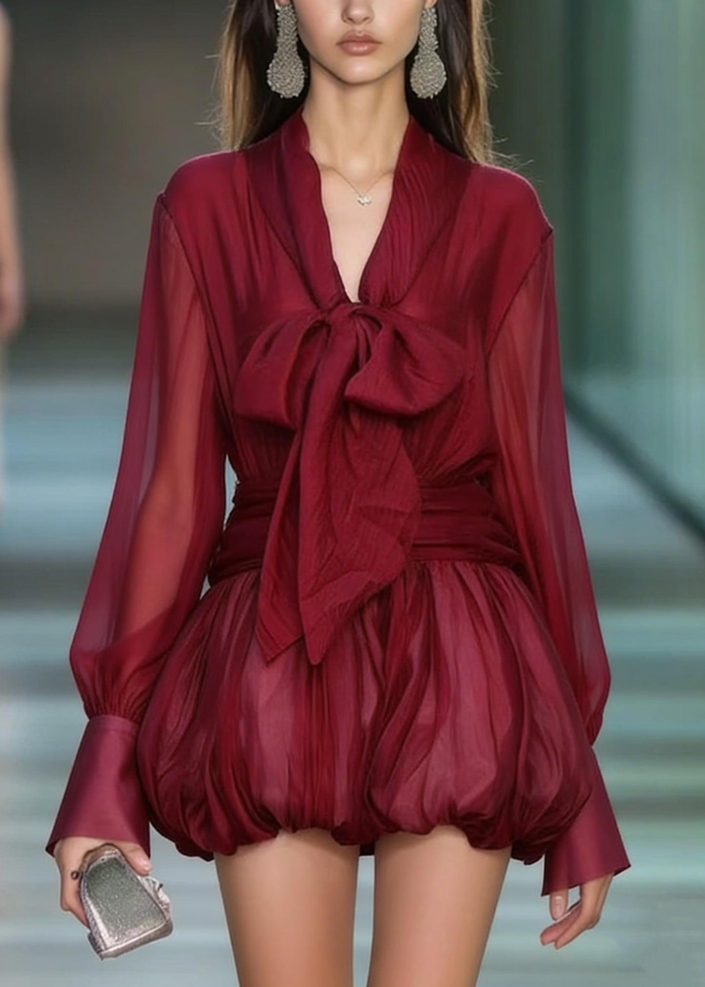 Fashion Red Lace Up Patchwork Chiffon Mini Dress Spring