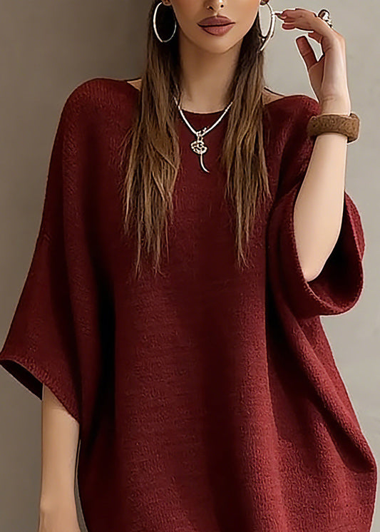 Fashion Red Slash Neck Knit Sweater Dress Batwing Sleeve