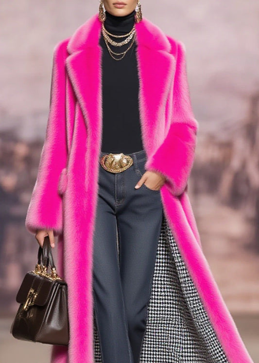 Fashion Rose Peter Pan Collar Pockets Faux Fur Coat Winter