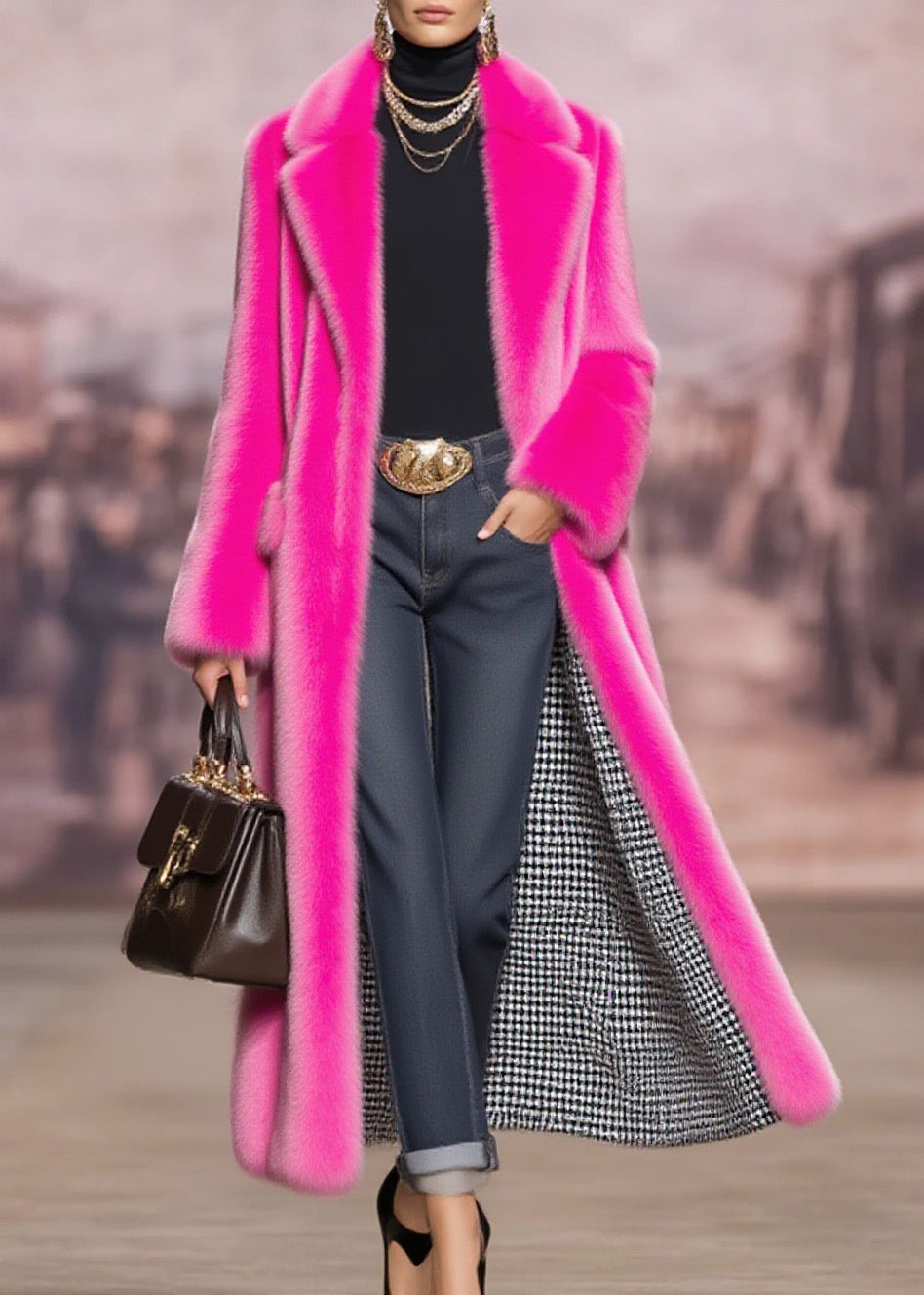 Fashion Rose Peter Pan Collar Pockets Faux Fur Coat Winter