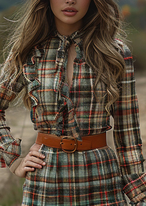 Fashion Ruffled Plaid Pastoral Style Long Sleeve Mini Dress