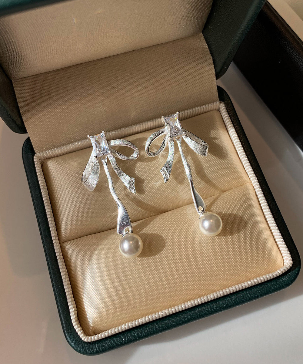 Fashion Silvery Bow Metal Pearl Pendant Fine Zircon Drop Earrings