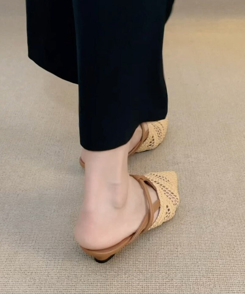 Fashion Splicing Apricot Sheepskin Slide Sandals Pointed Toe