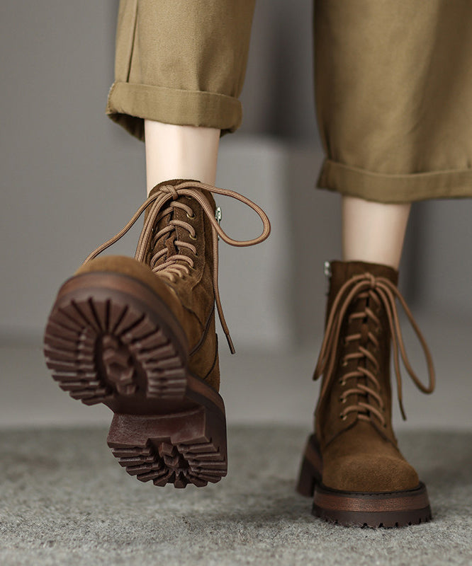 Fashion Splicing Chunky Boots Brown Suede Lace Up