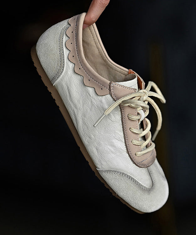 Fashion Splicing Flat Shoes For Women Beige Cowhide Leather