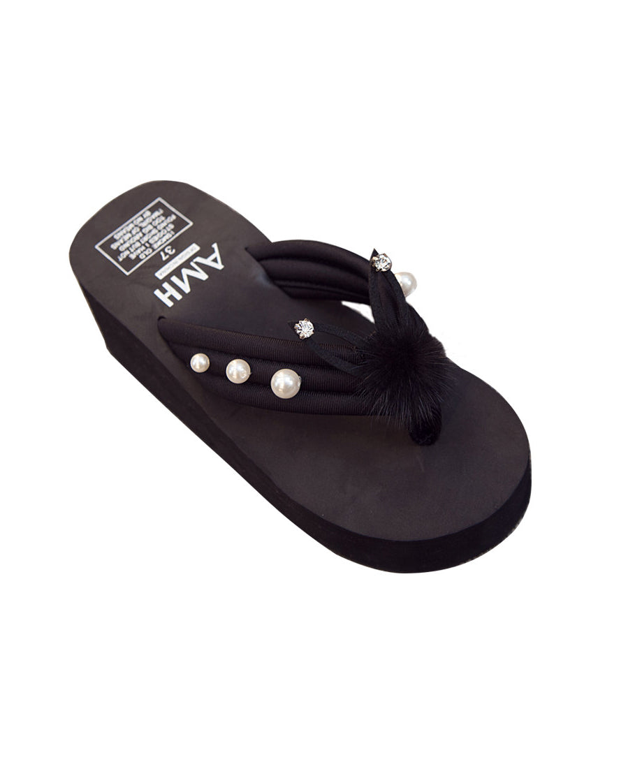 Fashion Wedge Flip Flops Caramel Fuzzy Ball Nail Bead