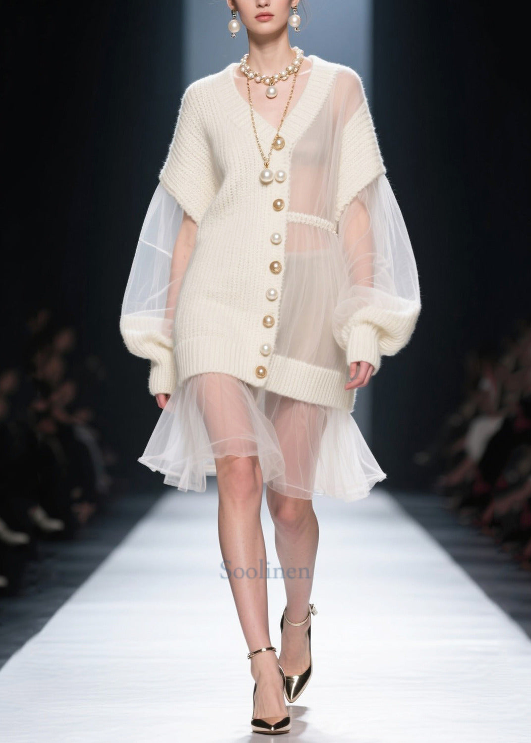 Fashion White Asymmetrical Patchwork Tulle Knitwear Dress Fall