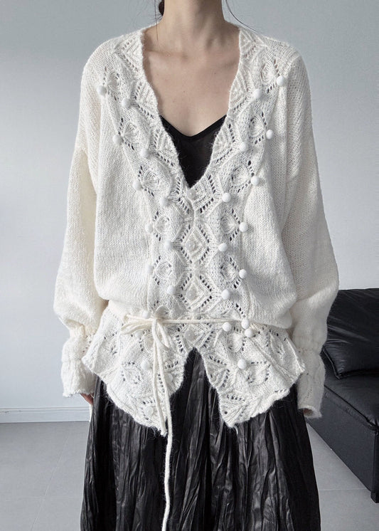 Fashion White Fuzzy Ball Decorated Knit Cardigan Fall