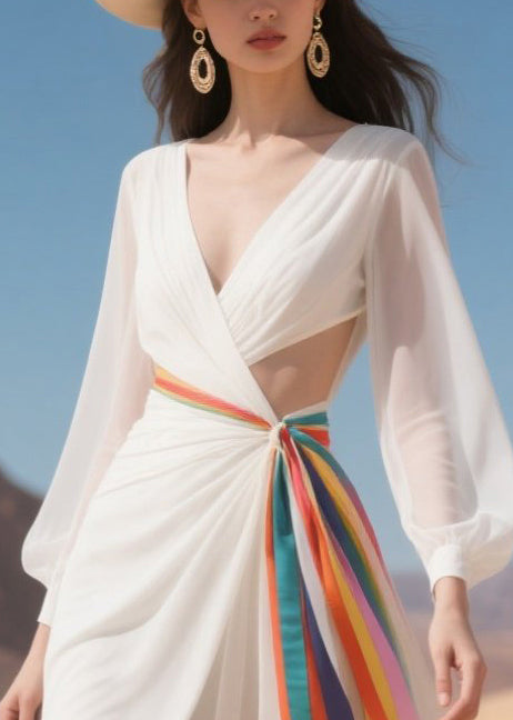 Fashion White Hollow Out Multicolour Ribbon Chiffon Robe Dresses Summer