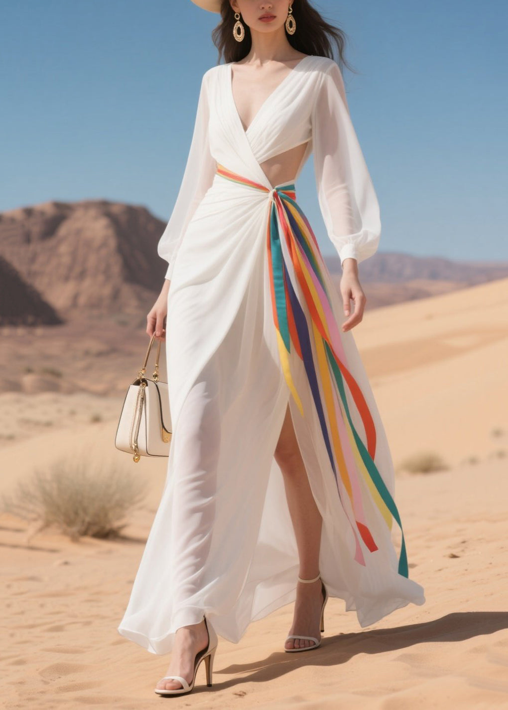 Fashion White Hollow Out Multicolour Ribbon Chiffon Robe Dresses Summer