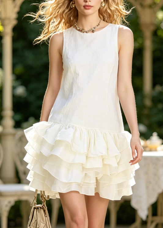 Fashion White O Neck Ruffled Patchwork Cotton Dress Sleeveless