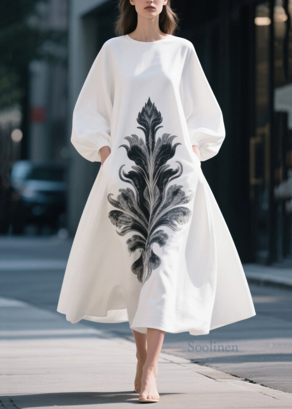 Fashion White Oversized Print Chiffon Dress Lantern Sleeve