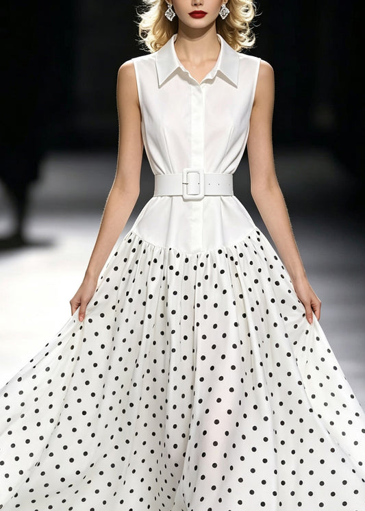 Fashion White Peter Pan Collar Dot Print Maxi Dress Sleeveless