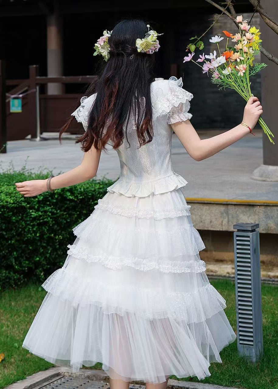 Fashion White Ruffled Lace Two Pieces Set Summer