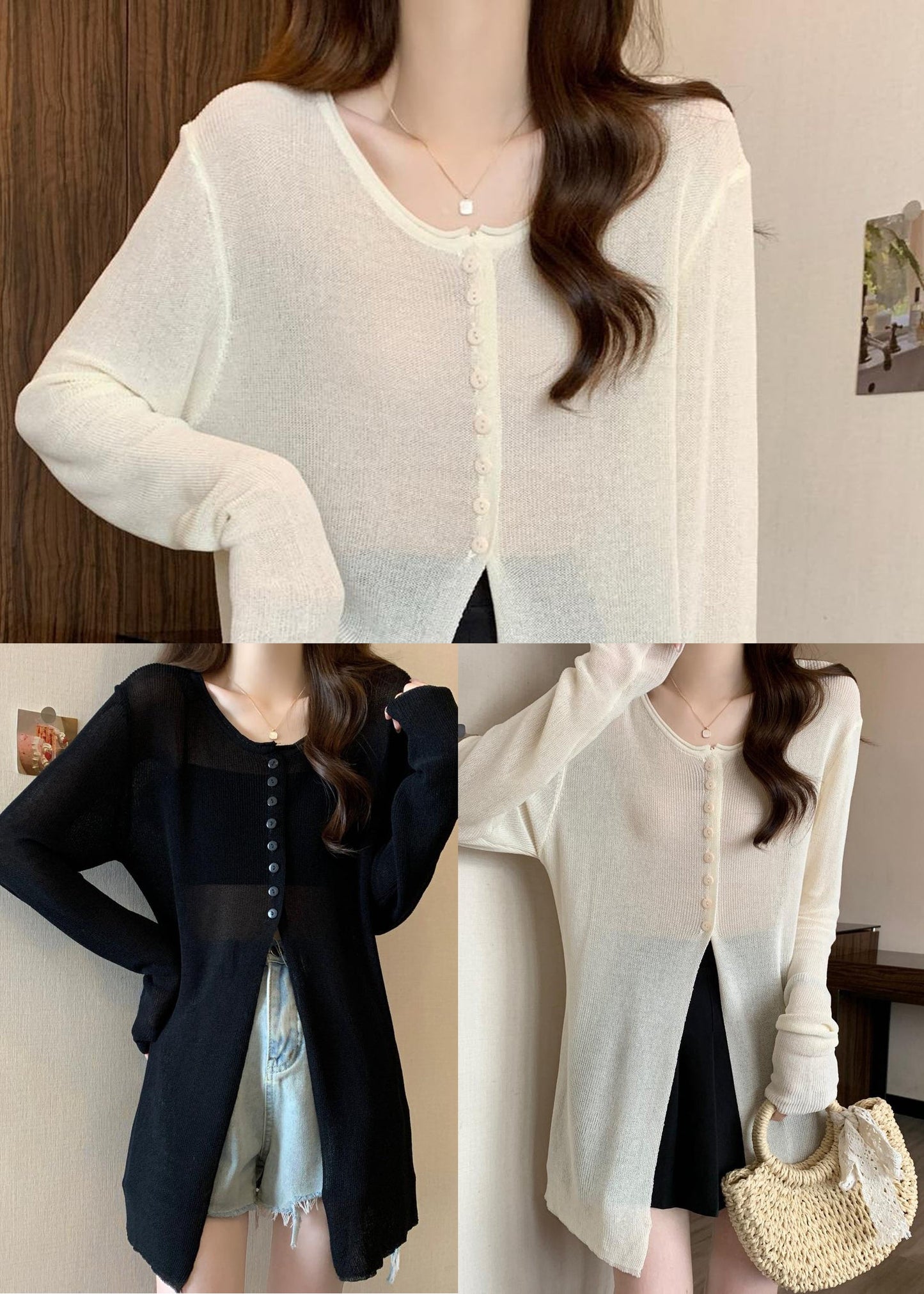 Fashion White Side Open Single Breasted Knit Sweater Fall