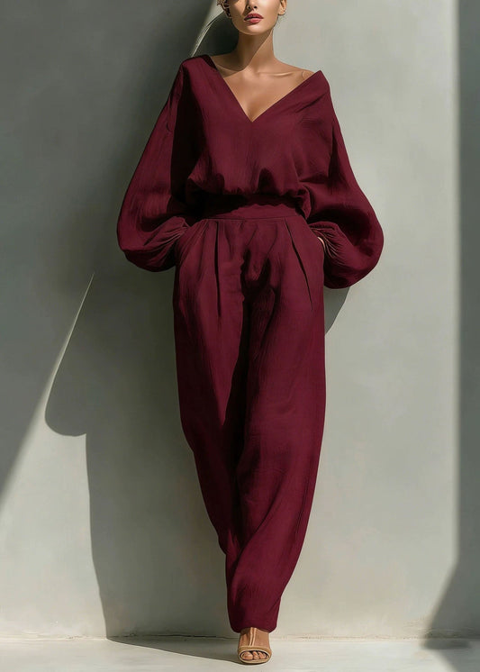 Fashion White V Neck Solid Top And Wide Leg Pants Two Pieces Set Fall