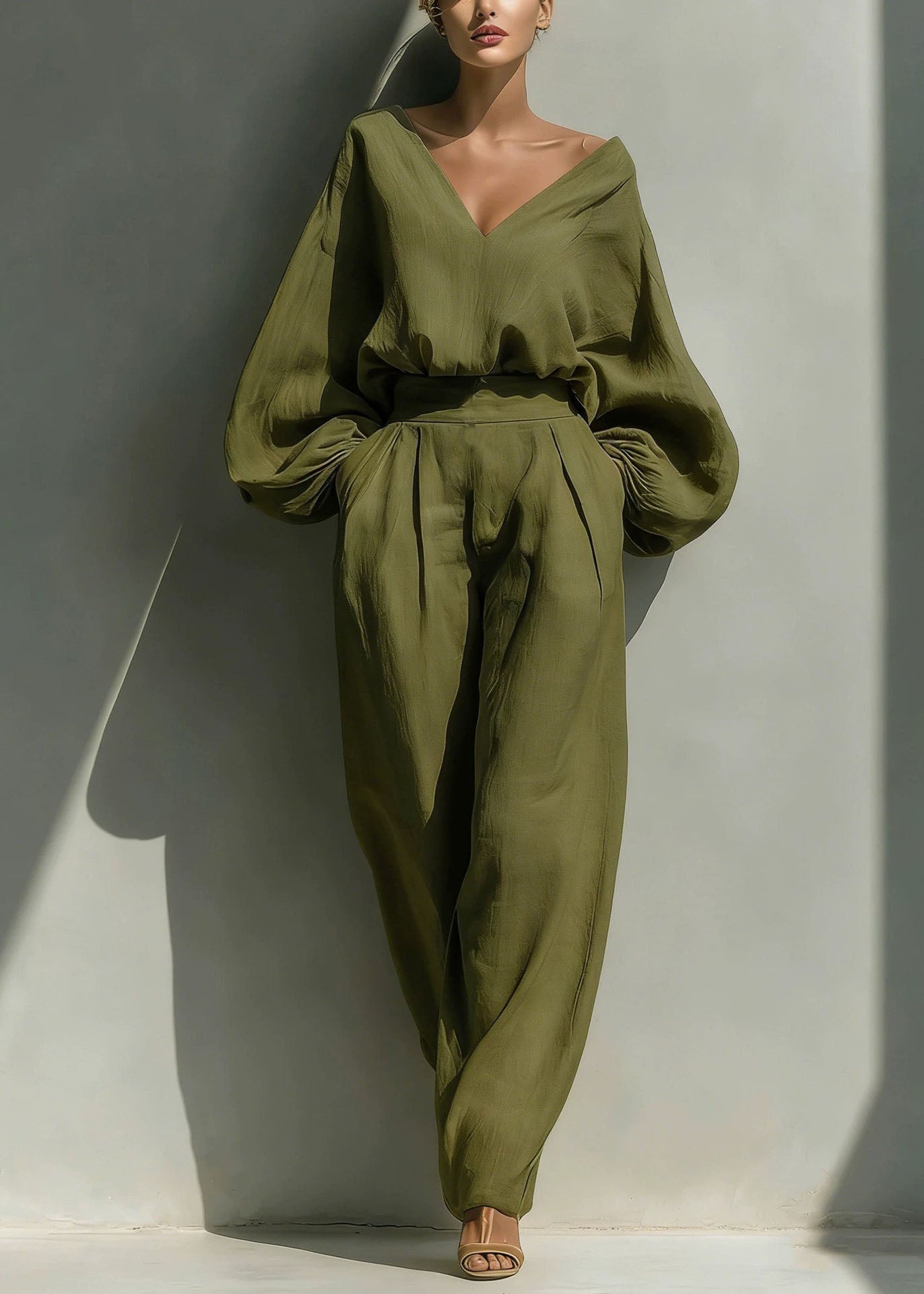 Fashion White V Neck Solid Top And Wide Leg Pants Two Pieces Set Fall