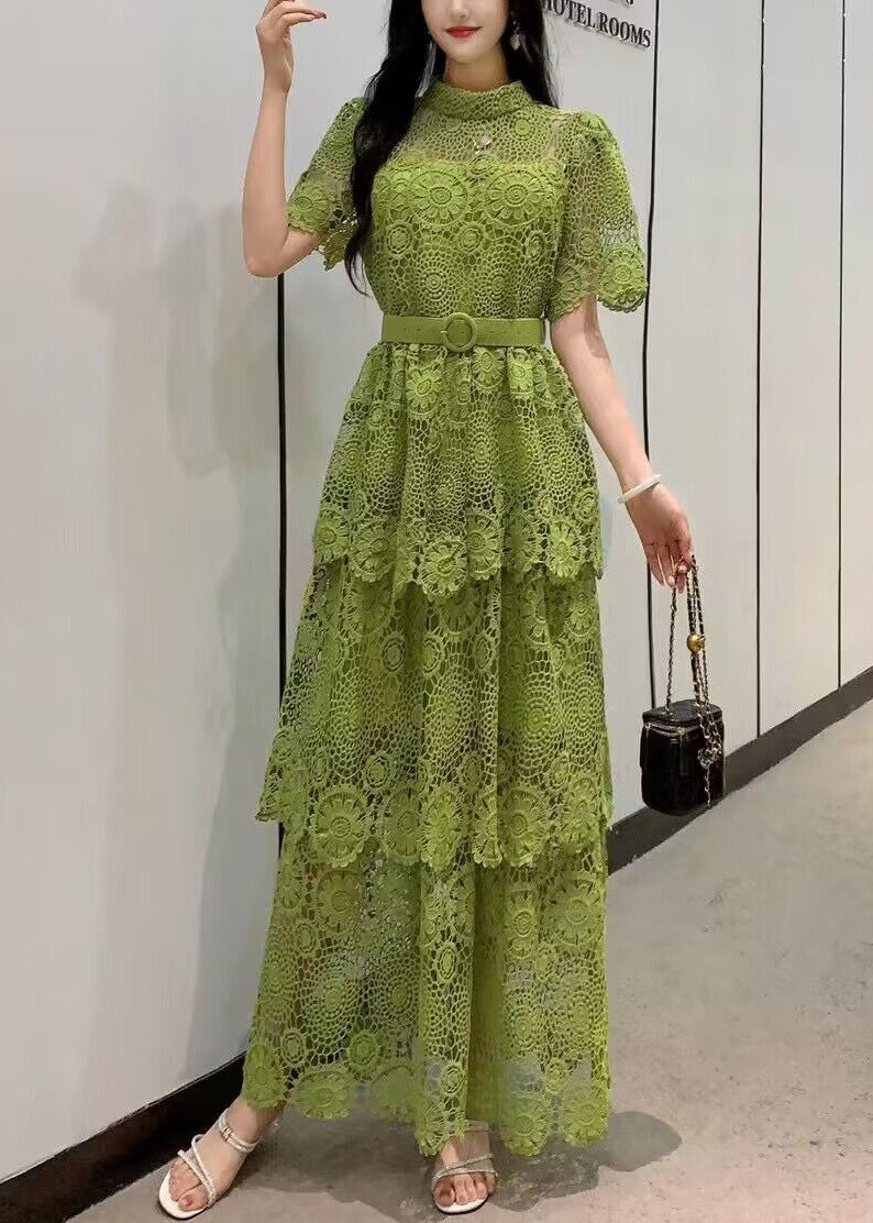 Fashion Yellow Embroidered Tie Waist Patchwork Lace Dress Summer