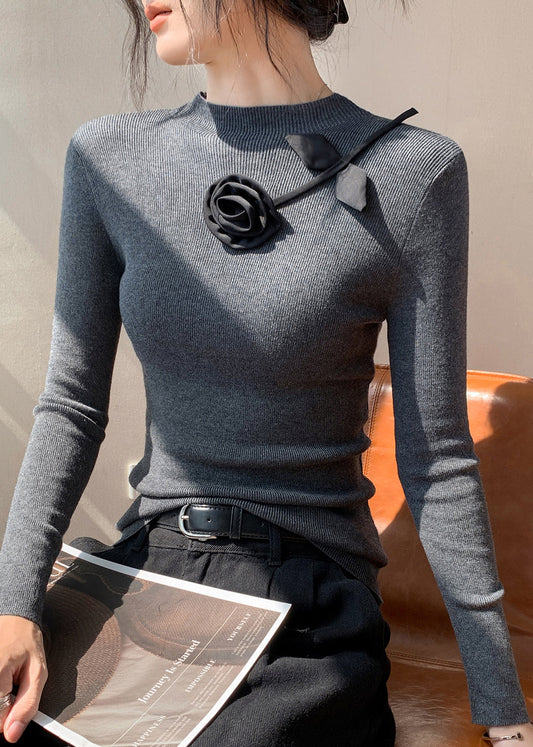 Fashion Yellow Floral Decorated Silm Fit Knit Tops Spring