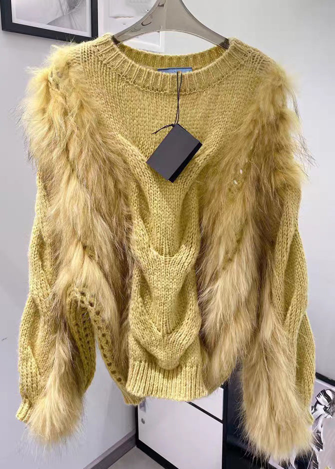 Fashion Yellow O-Neck Fuzzy Fur Fluffy Cotton Cozy Knit Sweaters Fall