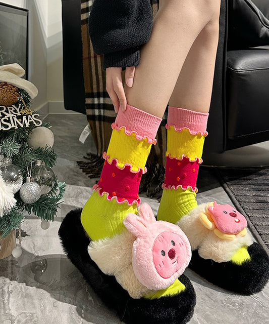 Fashion Yellow Ruffled Patchwork Cotton Mid Calf Socks