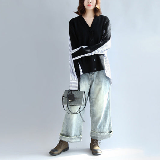 Fashion black striped cotton patchwork sweater tops plus size long sleeve sweater cardigan