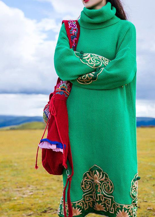 Fashion embroidery Sweater high neck weather Beautiful green oversized knit dresses - SooLinen
