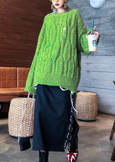 Fashion winter green sweaters plus size o neck patchwork Hole knit blouse - SooLinen