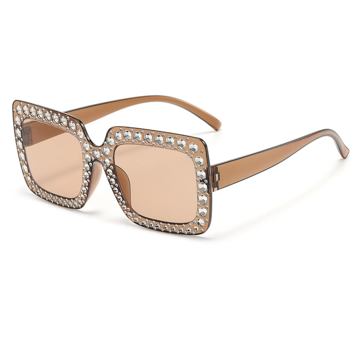 Fashionable Brown Large Frame Versatile Zircon Studded Sunglasses