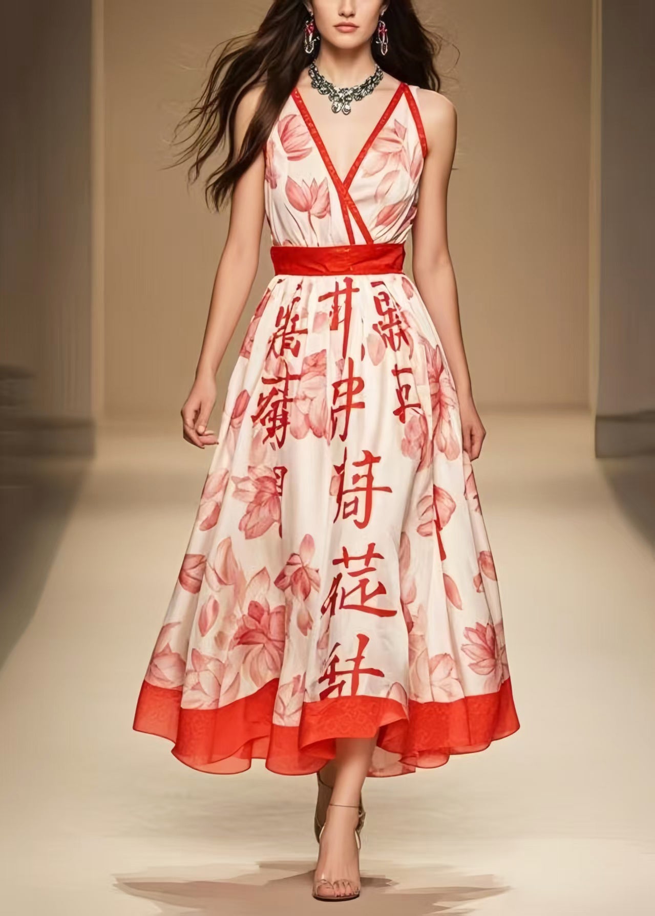 Fine Apricot Print Exra Large Hem Chiffon Dresses Sleeveless