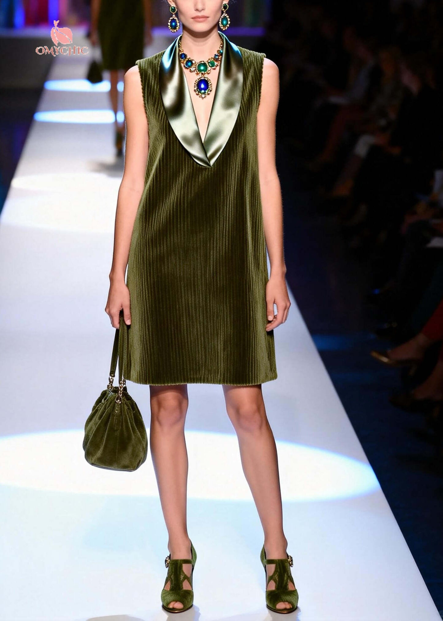 Fine Army Green V Neck Patchwork Corduroy Shift Dresses Sleeveless