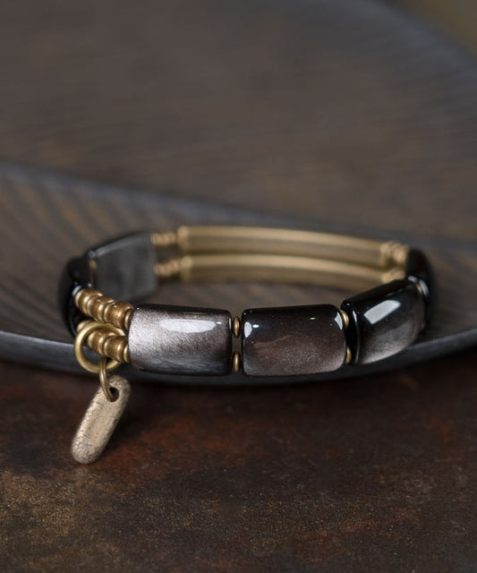 Fine Black Alloy Obsidian Double Layer Unisex Charm Bracelet