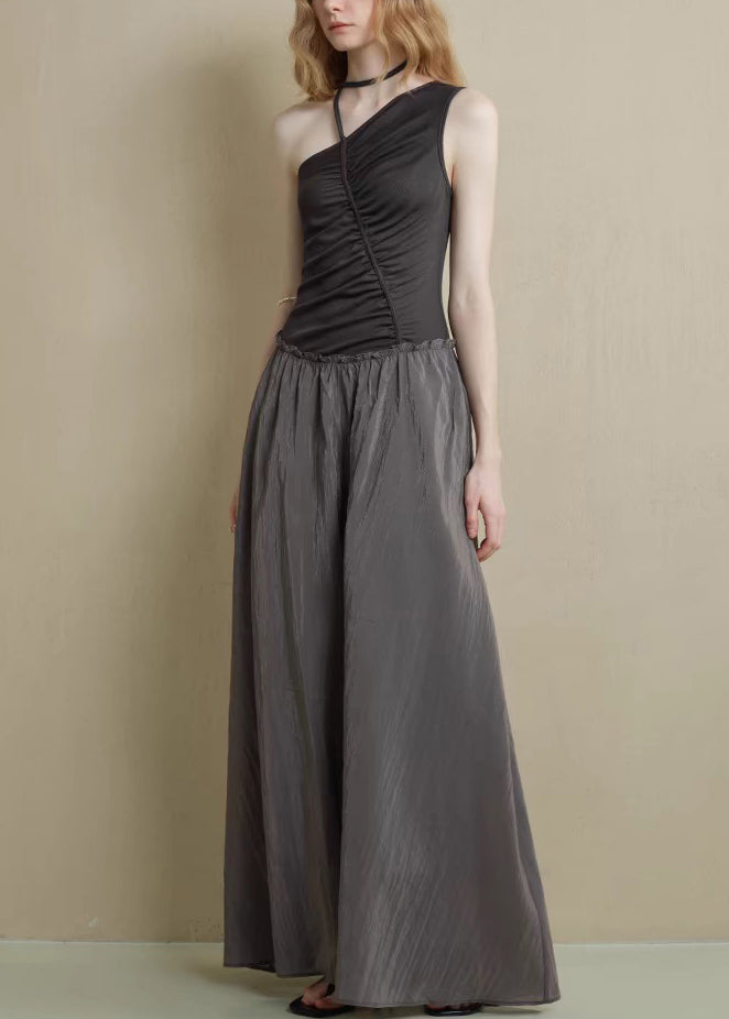 Fine Black Asymmetrical Ruffled Knitting Cotton Patchwork Long Dress Sleeveless