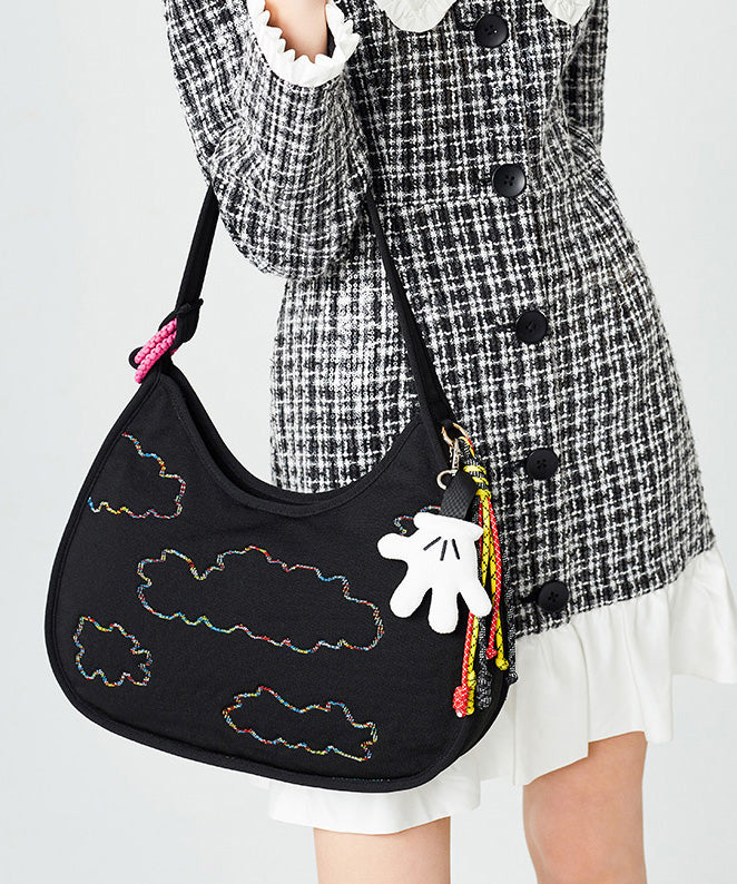 Fine Black Embroidered Pendant Decorated Cotton Hobo Bag