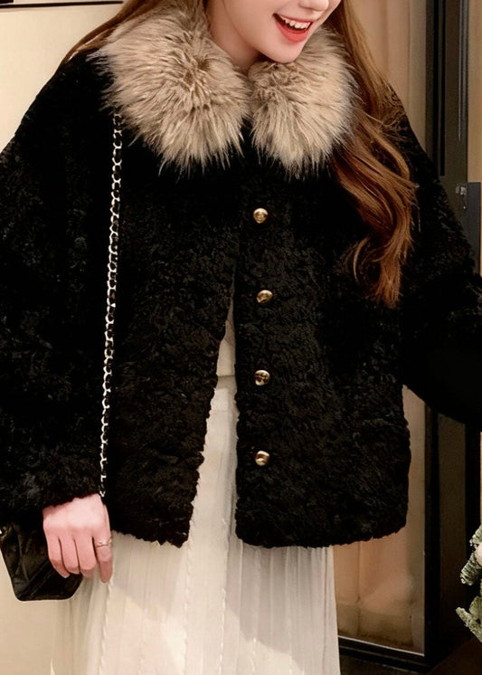 Fine Black Fur Collar Button Faux Fur Coats Long Sleeve