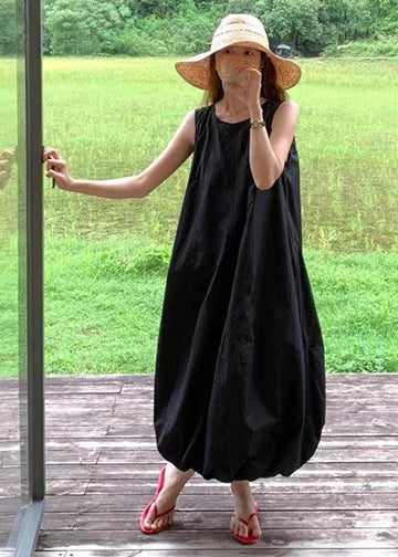 Fine Black Oversized Cotton Ankle Dress Sleeveless