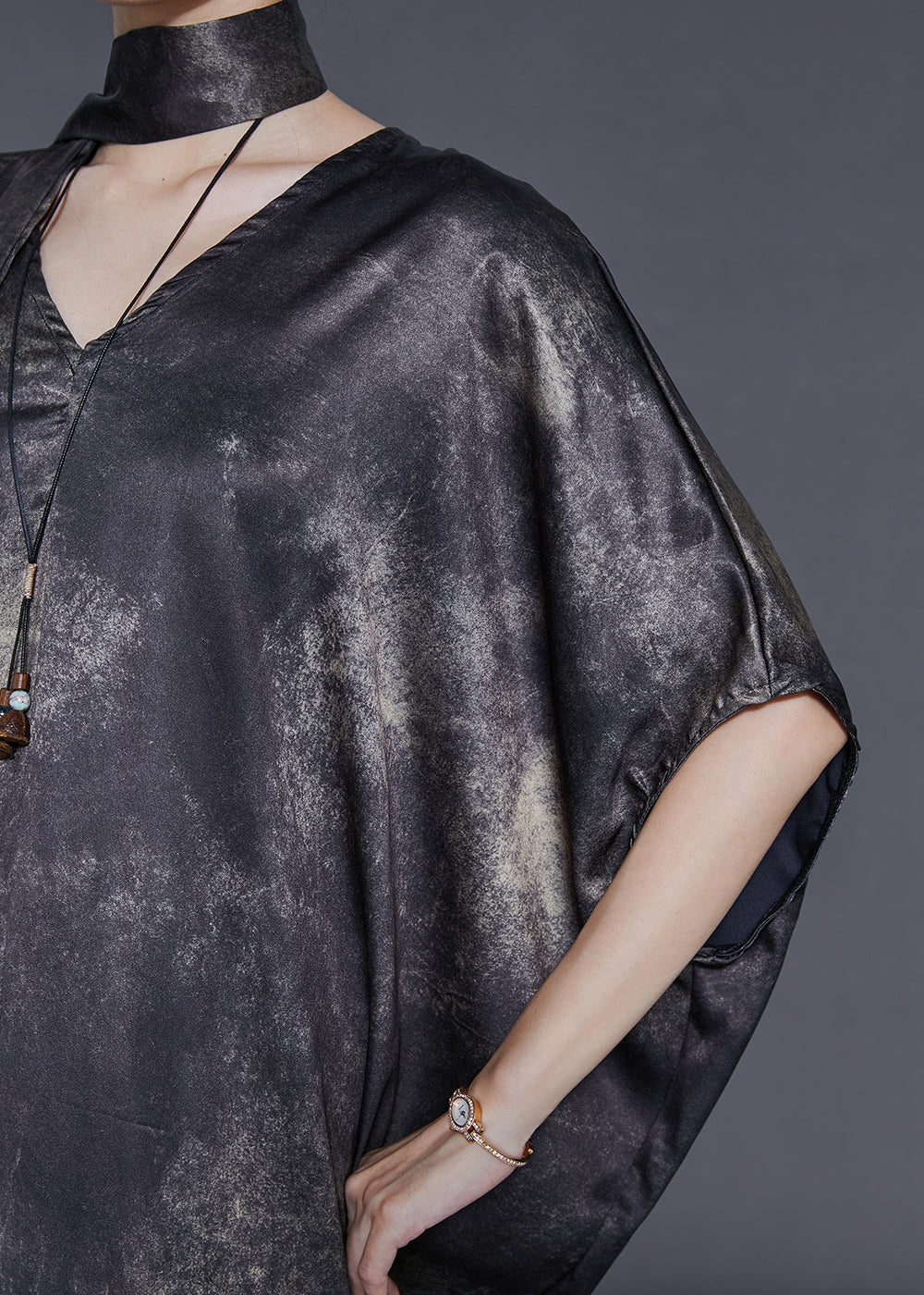 Fine Black Oversized Tie Dye Silk Dresses Batwing Sleeve