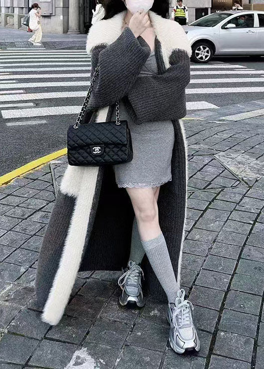 Fine Black Peter Pan Collar Pockets Patchwork Mink Hair Knitted Long Cardigan Winter