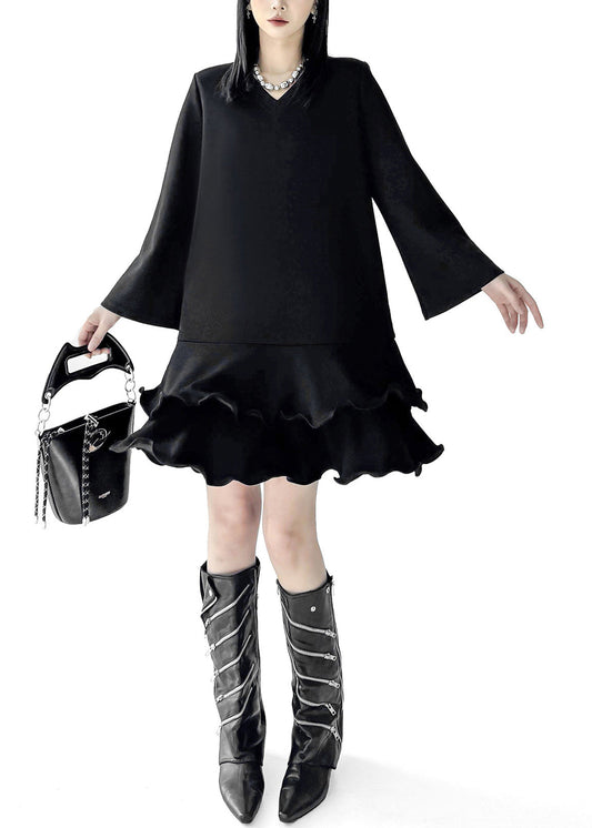 Fine Black Ruffled Cotton Mini Dresses Flare Sleeve