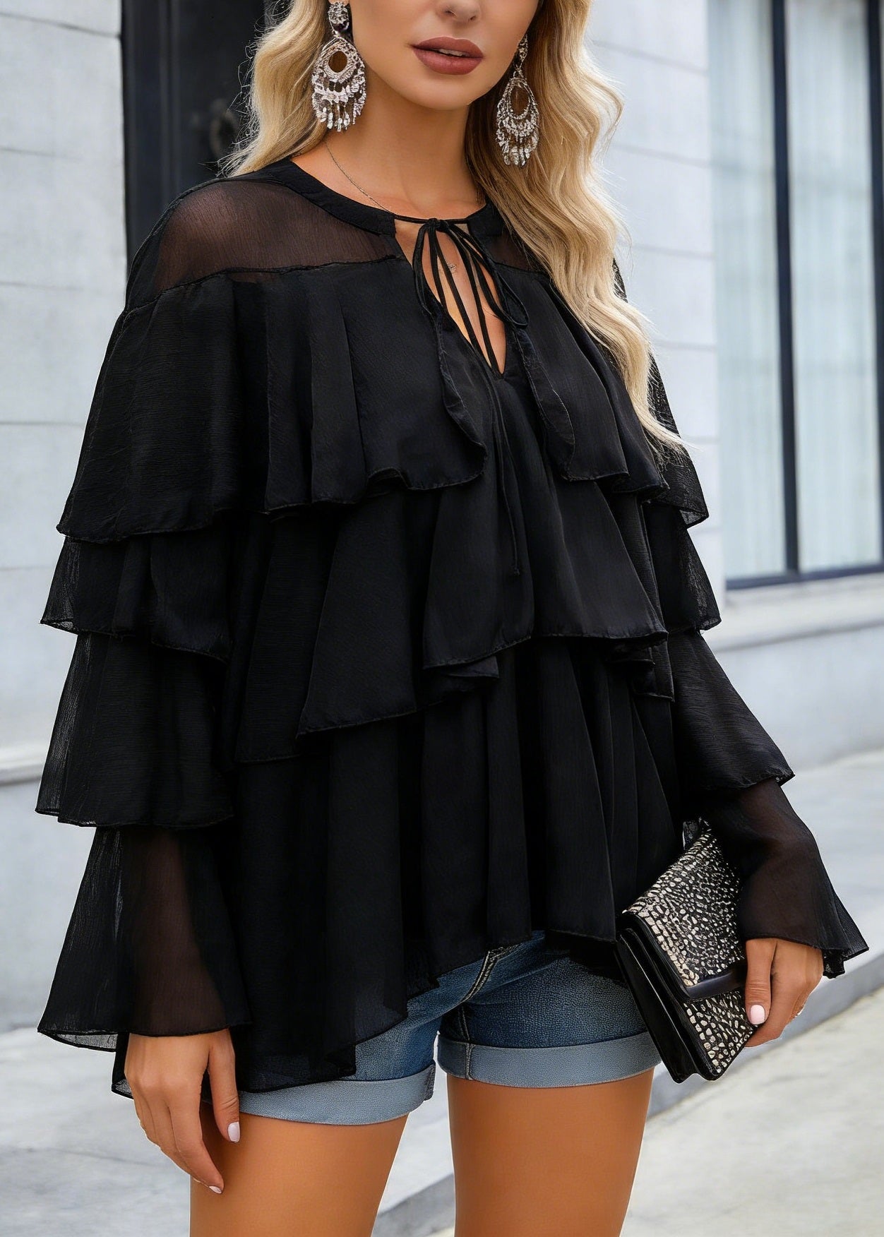 Fine Black Ruffled Patchwork Chiffon Blouse Top Spring